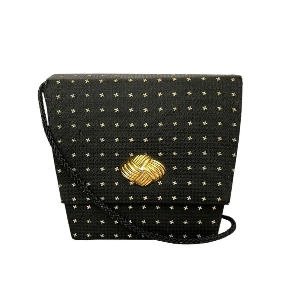 Vintage Whiting & Davis Black Jacquard Gold Dotted Box Convertible Evening Bag